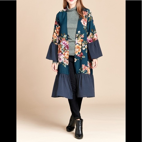 Other - Dark teal  floral print kimono